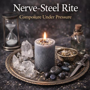 Könnte beinhalten: Eine brennende graue Kerze mit dem Text "Nerve-Steel Rite" und "Composure Under Pressure" steht auf einem silbernen Tablett mit Kristallen, Steinen und einem kleinen Dolch. Eine Sanduhr und eine kleine Glasflasche sind ebenfalls vorhanden.