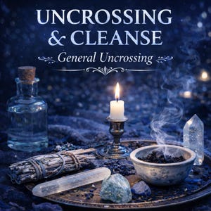 Könnte beinhalten: Ein Bild mit dem Text "UNCROSSING & CLEANSE" und "General Uncrossing". Eine brennende Kerze, eine Glasflasche, ein Salbeibündel, Kristalle und eine Schale mit Weihrauch sind auf einem Tablett angeordnet. Der Hintergrund ist dunkelblau mit Bokeh-Effekt.