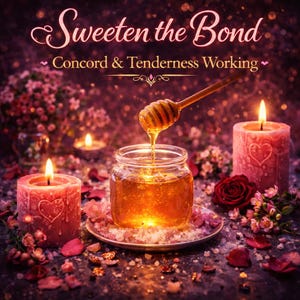 May include: A glass jar filled with honey, being drizzled with a wooden honey dipper. The image includes lit candles, flowers, and the text "Sweeten the Bond" and "Concord & Tenderness Working". The overall aesthetic is romantic.