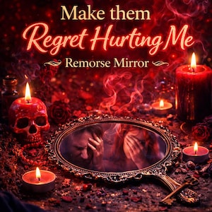 Könnte beinhalten: Dekorativer Spiegel mit goldenem Rahmen, der zwei Figuren reflektiert, umgeben von brennenden Kerzen und einem schädelartigen Kerzenhalter. Der Text "Make them Regret Hurting Me" und "Remorse Mirror" ist über dem Spiegel zu sehen.