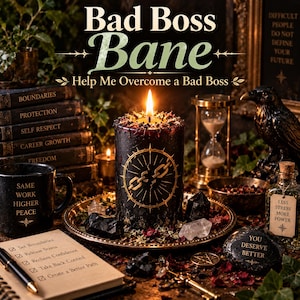 May include: A black pillar candle featuring a gold broken chain graphic, topped with a lit wick and dried herbs. The candle sits on a gold tray surrounded by black crystals, a black mug with text, a notebook with a checklist, and a glass bottle.