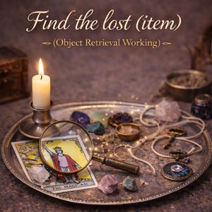 May include: A silver tray displays a lit candle, tarot card, magnifying glass, crystals, and a key. The tarot card is viewed through the magnifying glass. Text at the top reads "Find the lost (item)" and "(Object Retrieval Working)".