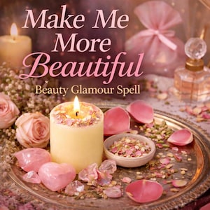 Może przedstawiać: Płonąca świeca otoczona różowymi płatkami róż, kryształami i małą miseczką z suszonymi kwiatami. Tekst "Make Me More Beautiful Beauty Glamour Spell" jest wyświetlany powyżej.