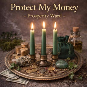 Peut inclure: Image avec le texte « Protect My Money - Prosperity Ward ». Trois bougies vertes brûlent vivement sur un plateau décoratif avec des pièces de monnaie, une pochette verte, une pierre verte et une petite bouteille. La scène évoque des thèmes de richesse et de protection.