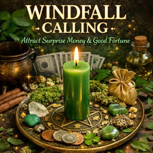 Op de afbeelding: Een brandende groene kaars staat op een messing bord met munten, kristallen en een kleine gouden zak. De afbeelding bevat de tekst "WINDFALL CALLING" en "Attract Surprise Money & Good Fortune".