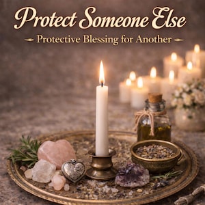 May include: A lit white candle in a brass holder sits on a decorative tray with crystals, a heart-shaped stone, and a small bowl of herbs. The text at the top reads "Protect Someone Else" and "Protective Blessing for Another".