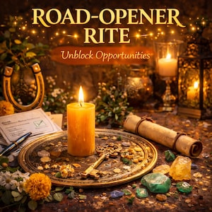 May include: An illuminated candle sits on a decorative tray with a golden key, surrounded by crystals and flowers. The image features the text "ROAD-OPENER RITE" and "Unblock Opportunities". A horseshoe and scroll are also visible.