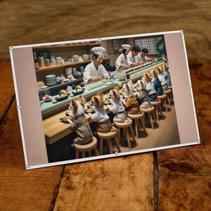 May include: A photograph of a sushi restaurant with a line of dogs seated at the counter. The dogs are wearing clothes and are enjoying sushi. The chef is in the background preparing food.
