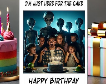 Tarjeta de cumpleaños con temática extraterrestre, tarjeta de cumpleaños con un extraño ovni, saludos de extraterrestres, PDF y Word