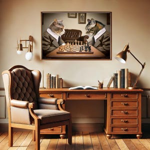 Humanized Cats Playing Chess Poster – Digital Download, Multiple Sizes Available