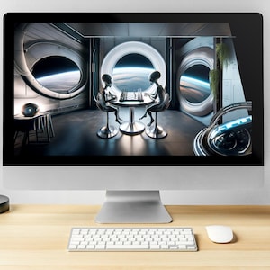 iphone 15, iphone 16 und Desktophintergrund - Außerirdische, die Schach auf einer fliegenden Untertasse spielen, Kunst für Smartphones und Desktop