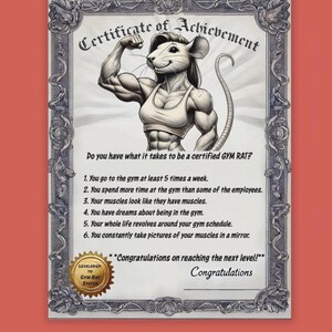 May include: A humorous certificate of achievement for a "Gym Rat" with a cartoon image of a muscular female rat. The certificate lists six requirements for becoming a certified Gym Rat, including going to the gym at least five times a week and having dreams about being in the gym. The certificate reads "Congratulations on reaching the next level!"