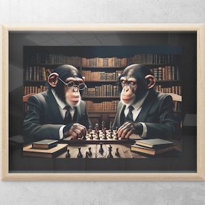 Può includere: Due scimpanzé con occhiali e abiti giocano a scacchi di fronte a una libreria. La scacchiera è posizionata su un tavolo di legno con libri su entrambi i lati.