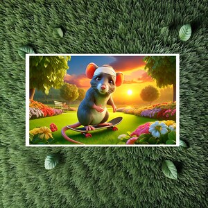 Rat mignon sur une planche à roulettes Carte de rétablissement, carte de rétablissement, carte de santé post-opératoire, pensée pour vous en cas de besoin