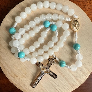 St. Michael Rosary - White Jade & Turquoise Gemstone, Rhinestone Accent