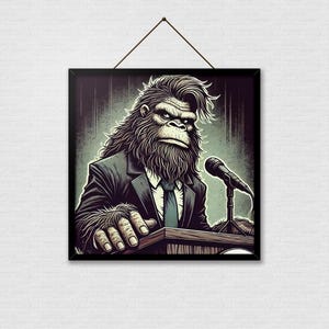 May include: A black and white illustration of a Bigfoot wearing a suit and tie, speaking at a podium with a microphone. The Bigfoot has a serious expression on its face.