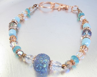 Blue Opalite, Crystal and Rose Gold Sparkly Crystal Glass Chunky Wristlet, Beaded Key Chain, Purse Jewelry, Key Fob Bling