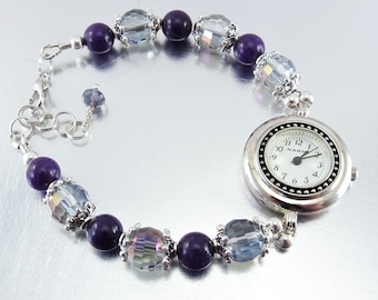Beaded Bracelet Watch - Purple Quartz and Crystal Glass  display picture 3