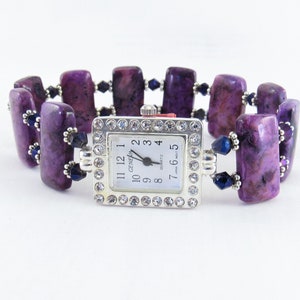 Beaded Bracelet Watch - Purple Crazy Lace Agate and Purple Bicone Crystal Glass Stretchy Bracelet Watch