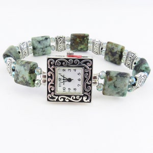 Beaded Bracelet Watch - Petite African Turquoise Stretchy Bracelet Watch