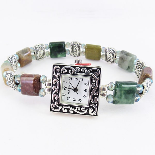 Beaded Bracelet Watch - Petite Fancy Jasper Stretchy Bracelet Watch