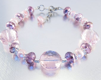 Pink Crystal Glass and Pink Freshwater Pearl Bracelet