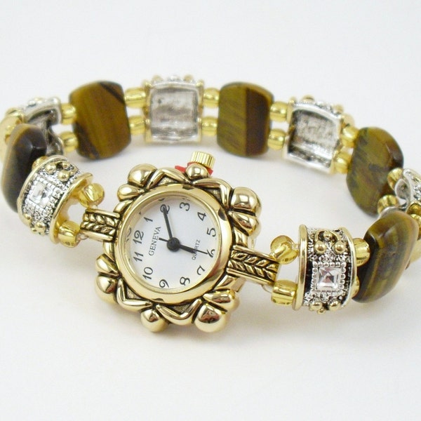 Tiger Eye and Swarovski Crystal Stretch Watch
