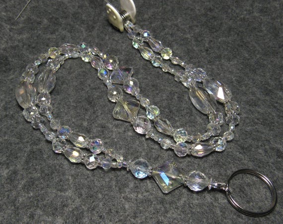 RESERVED for Katie - Beaded Lanyard - Aurora Borealis Sparkly Crystal Glass ID Badge Holder, ID Lanyard, Glasses Holder