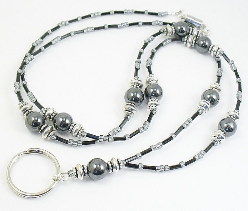 Beaded ID Lanyard Badge Holder ID Necklace Hematite and - Etsy