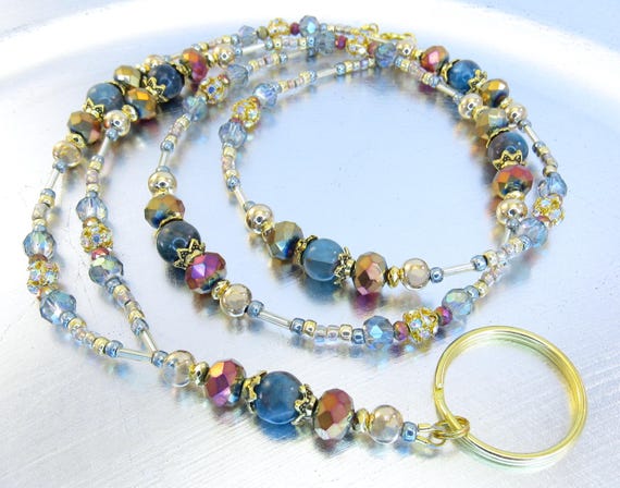 Blue Apatite, Metallic Rainbow, Rhinestone and Sparkly Blue Crystal Beaded Badge Holder, ID Lanyard in Gold