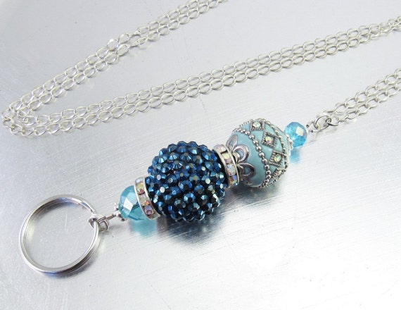 ID Lanyard, Badge Holder on Silver Chain or Leather Cord - Blue Ceramic, Aurora Borealis Crystal and Blue Crystal Glass