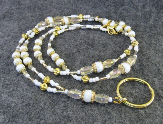 ID Lanyard - White Marble and Aurora Borealis Crystal Glass Beaded ID Necklace, Cruise ID Necklace