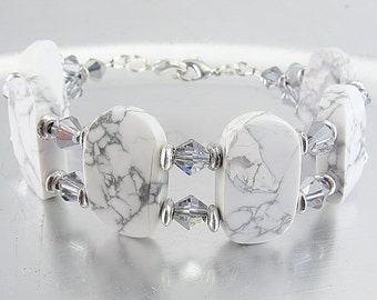 Bold White Howlite and Metallic Silver Crystal Bicone Bracelet, Medical ID Bracelet, Interchangeable Watch Band