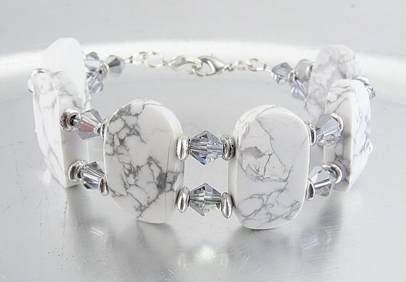 Bold White Howlite and Metallic Silver Crystal Bicone Bracelet, Medical ID Bracelet, Interchangeable Watch Band