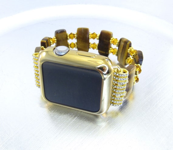 Apple Watch Band - Tiger Eye Stone and Gold Crystal Bicone Apple Watch Band