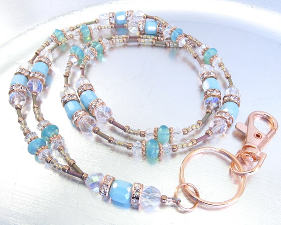 Beaded Lanyard - Blue Opalite, Crystal and Rose Gold Sparkly Crystal Glass ID Badge Holder, ID Lanyard, Glasses Holder