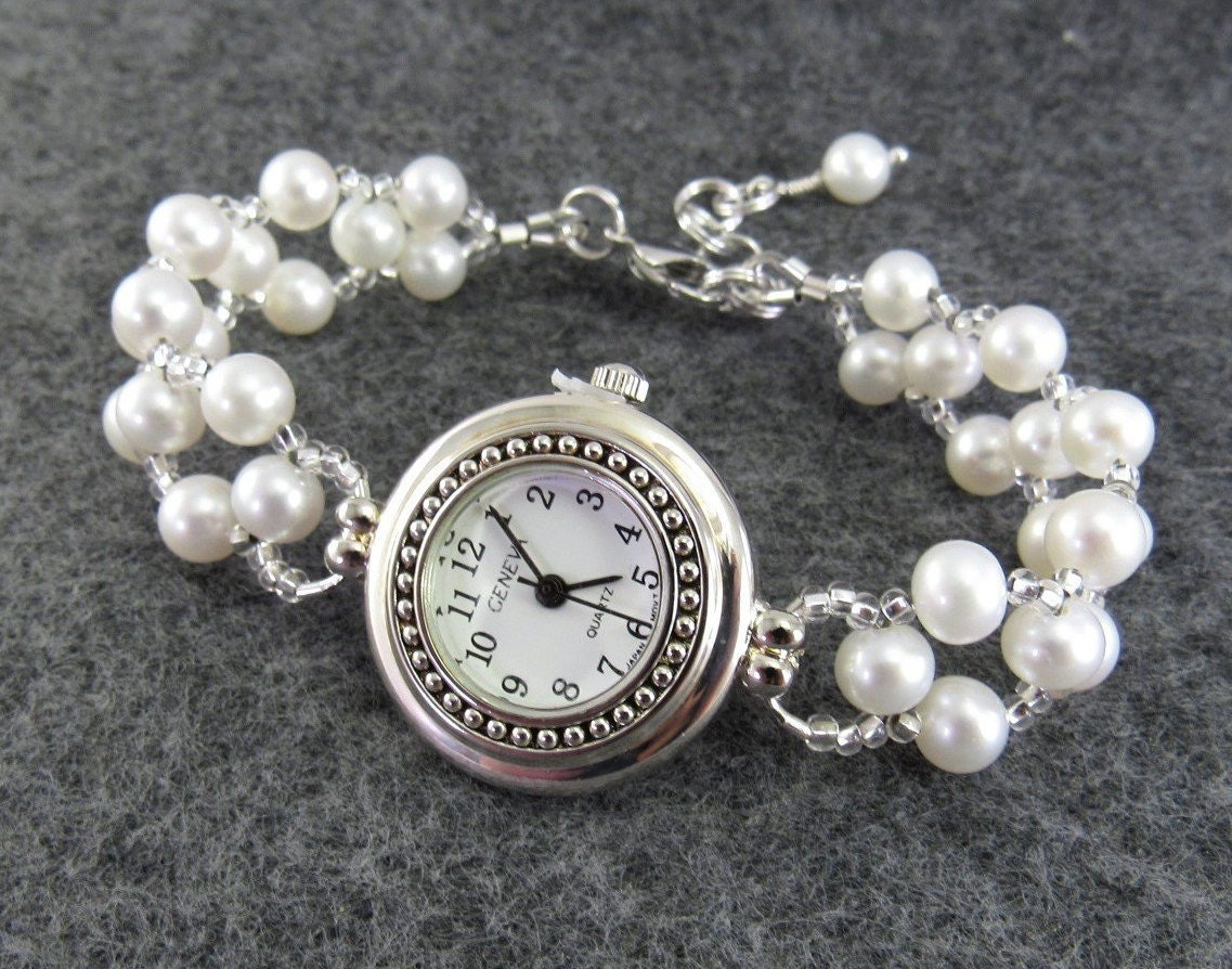 Beaded Bracelet Watch - White Freshwater Pearl Bracelet Watch in Silver ...