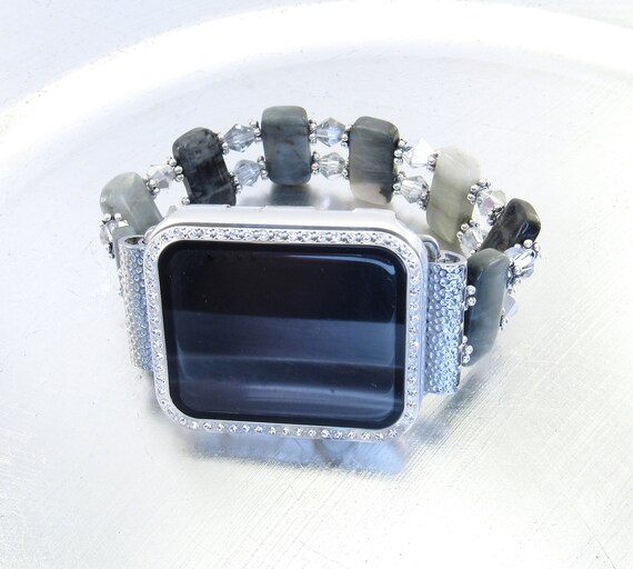 Apple Watch Band - Grey Cat's Eye Stone and Metallic Silver Bicone Apple Watch Band