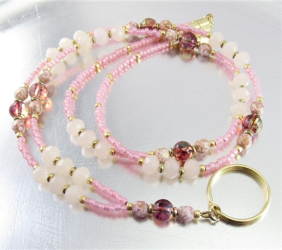 SALE! - Beaded Lanyard, Badge ID Holder, Key Chain Necklace - Pink Crystal and Pink Czech Glass with Gold Accents