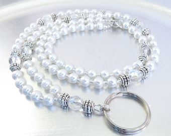 ID Lanyard - White Glass Pearl and Aurora Borealis Crystal Glass Beaded ID Badge Holder, ID Necklace
