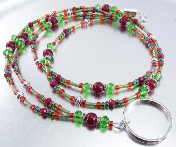 Christmas Spirit Beaded Lanyard, ID Badge Holder, ID Necklace - Petite Red and Green Holiday ID Necklace
