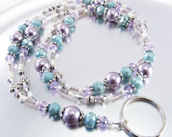 Mauve Swarovski Pearl, Light Blue and Purple Crystal Glass Beaded Lanyard, ID Badge Holder, ID Necklace Holder, Badge Clip Necklace