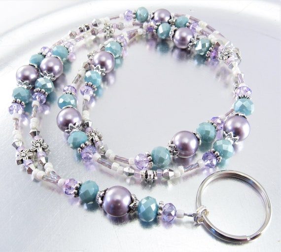 Mauve Swarovski Pearl, Light Blue and Purple Crystal Glass Beaded Lanyard, ID Badge Holder, ID Necklace Holder, Badge Clip Necklace