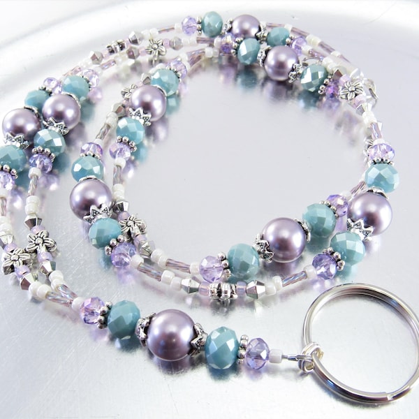 Mauve Swarovski Pearl, Light Blue and Purple Crystal Glass Beaded Lanyard, ID Badge Holder, ID Necklace Holder, Badge Clip Necklace