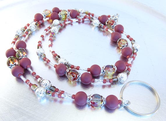 Mauve Glass and Purple Rainbow Crystal Beaded ID Badge Holder, ID Lanyard