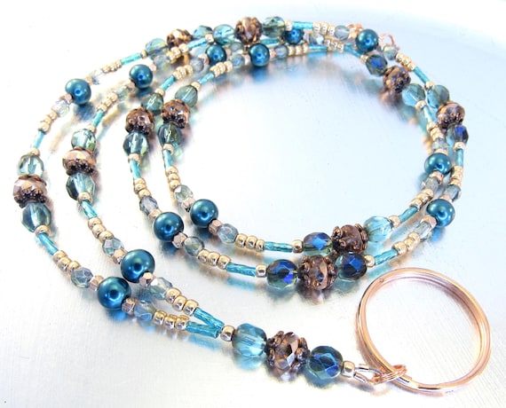 Teal, Aquamarine and Apricot Rose Gold Sparkly Crystal Badge Necklace, ID Lanyard, Glasses Holder