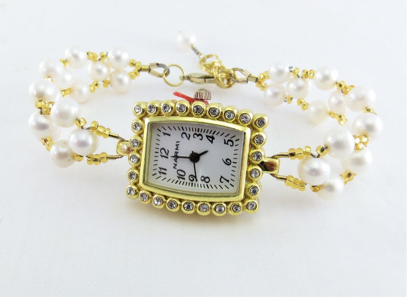 White Freshwater Pearl Beaded Bracelet Watch in Gold Bride | Etsy