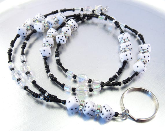 Lucky Dice and Aurora Borealis Crystal Beaded ID Lanyard, Badge Holder, Glasses Holder