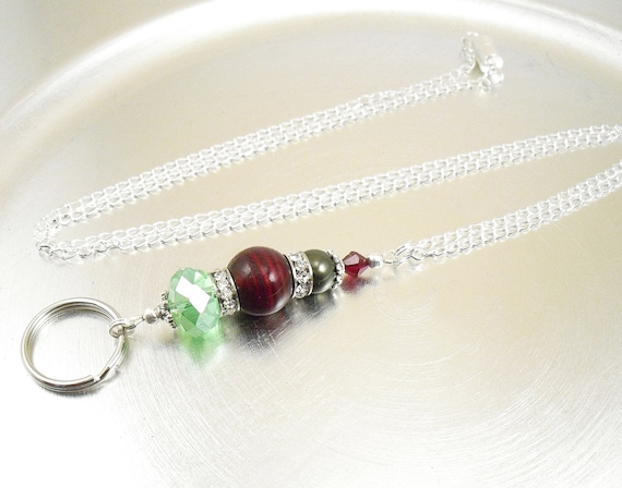 Christmas Spirit Red and Green Oval Link Chain OR Black Leather ID Lanyard, Badge Holder, Key Chain Necklace