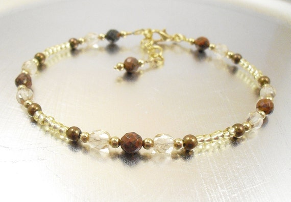 Beaded Ankle Bracelet - Birdseye Rhyolite , Champagne Crystal Czech Glass and Copper Iris Glass Anklet